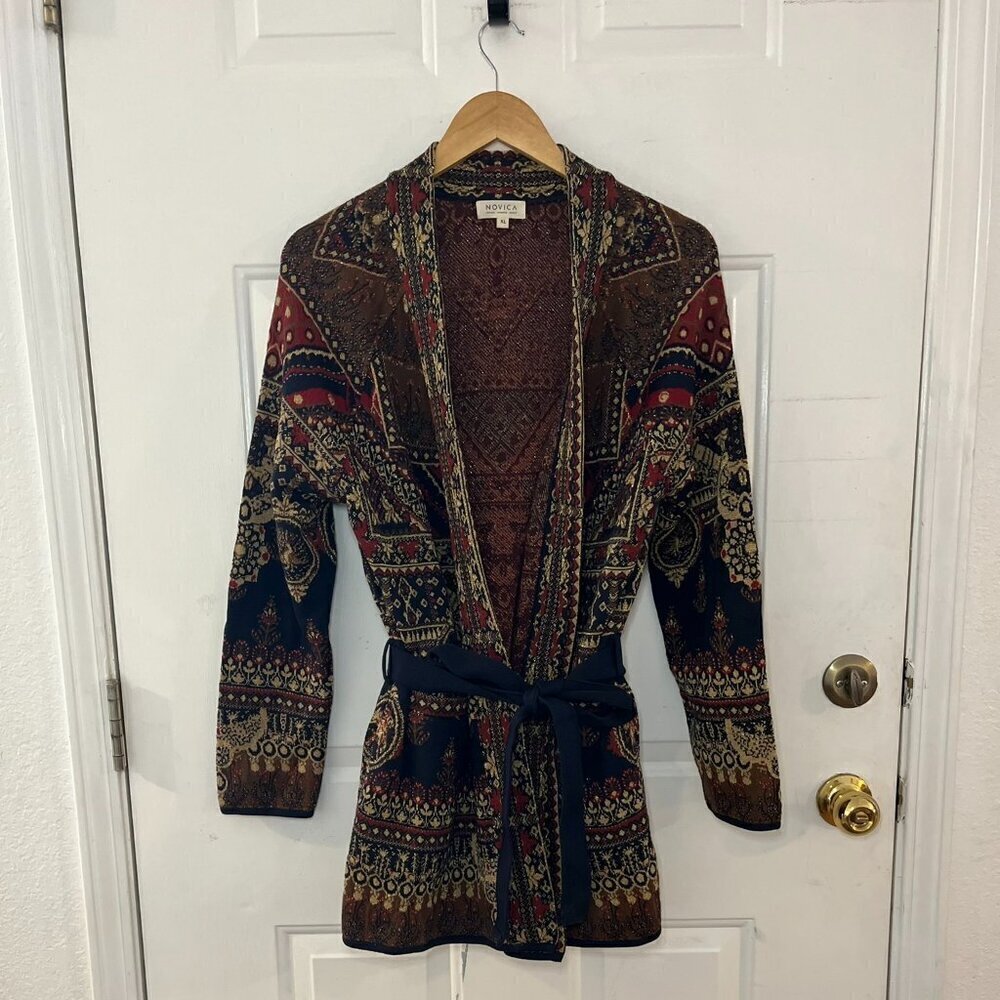 Novica Woman's Brown Beautiful Artisan Knit Metallic India Sweater Sz XL